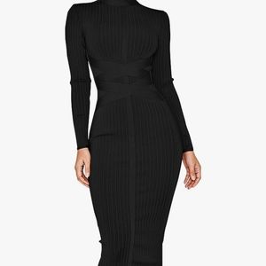 Women's Rayon Long Sleeves Bandage Dress Cross Strap Ribbed Club Party Midi Body